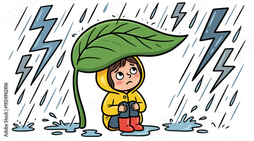 Little child in yellow raincoat hiding under green leaf during rainstorm.