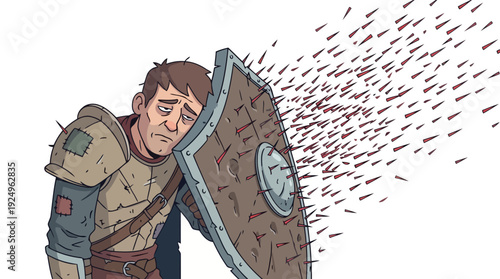 Knight with Shield Protecting Himself from Many Small Projectiles.