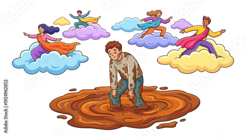 Depressed man stuck in mud while others dance on clouds.