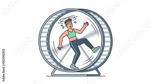Tired Woman Running in Hamster Wheel Metaphor for Endless Repetitive Work.