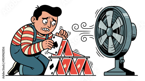 Anxious man building a house of cards while a fan blows air nearby.