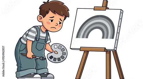 Sad boy painter with easel and palette painting a gray rainbow.