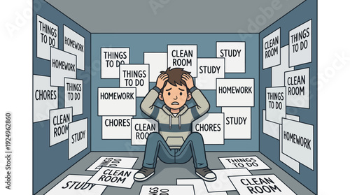 Stressed Young Man Overwhelmed by Numerous Tasks and Responsibilities.