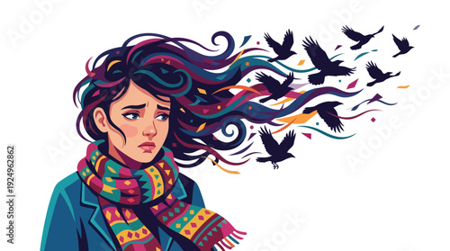 Woman with long flowing hair and colorful scarf, with birds flying from her hair, expressing sadness.