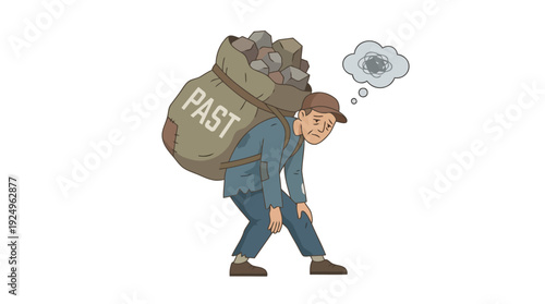 Man burdened by past memories and regrets, carrying a heavy sack on his back.