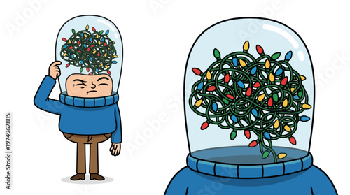 Confused Person with Tangled Christmas Lights Brain Metaphor.
