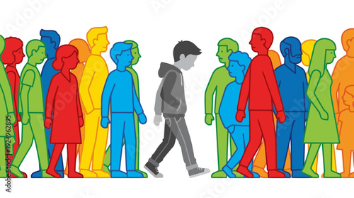 Child Walking Alone in Gray Among Colorful Crowd.