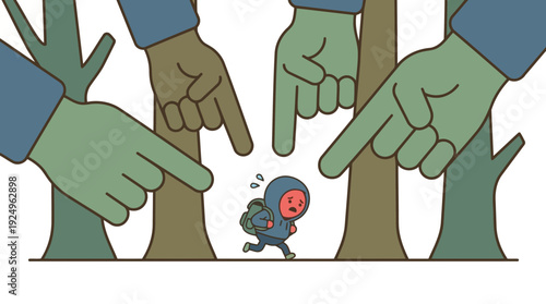 Small person running away from many pointing fingers in a forest.