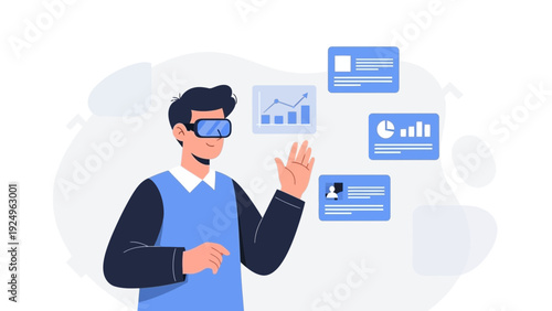 Man wearing VR headset interacting with digital data and charts
