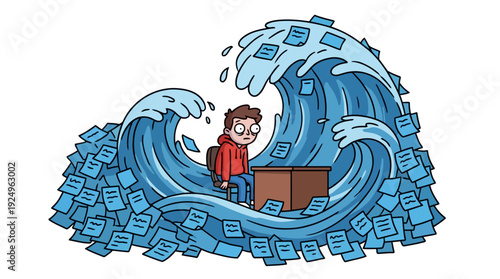 Man Overwhelmed by Wave of Paperwork and Documents at Desk.