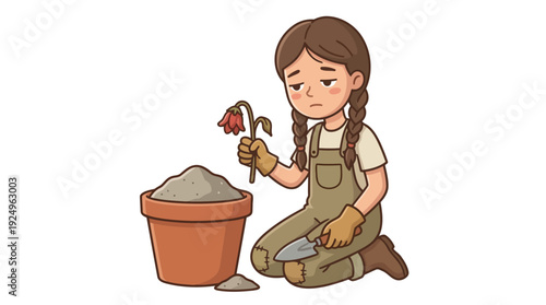 Sad little girl gardener holding a wilted flower next to a pot of soil.