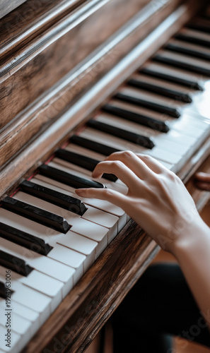 Close Up View of Hands Playing Wooden Upright Piano with Warm Lighting