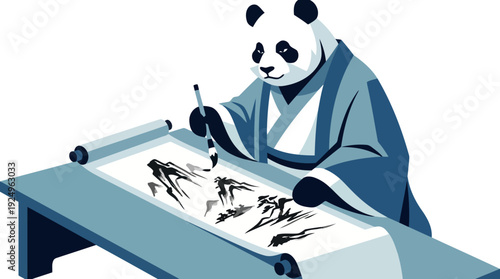 Panda Artist Creating Traditional Asian Ink Painting on Scroll with Brush.