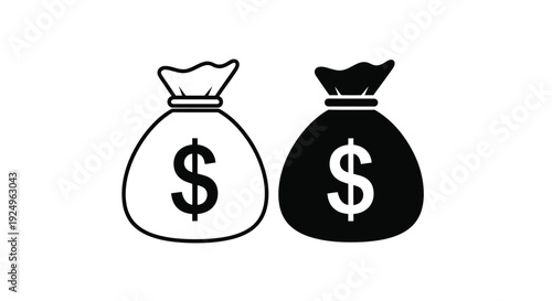 Two contrasting black and white money bags icon sets featuring the universal dollar currency symbol for finance concepts