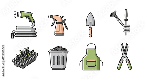 Collection of essential gardening tools and planting supplies.