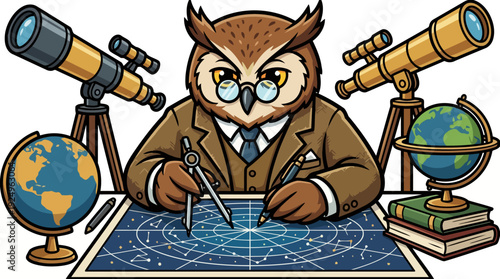Wise Owl Astronomer Character Studying Celestial Map with Telescopes and Globes.