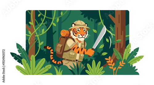 Brave Tiger Explorer with Machete Navigating Dense Jungle Environment.