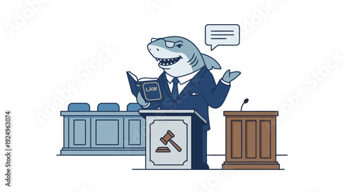 Shark Lawyer Delivering Speech in Courtroom.