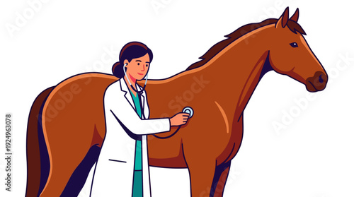 Female Veterinarian Examining Horse with Stethoscope for Health Checkup.