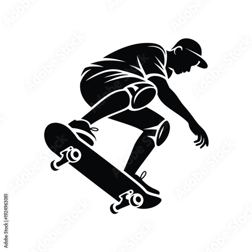 Dynamic skateboarder performing a trick in mid-air with a classic board design isolated on white background, Vector, illustration