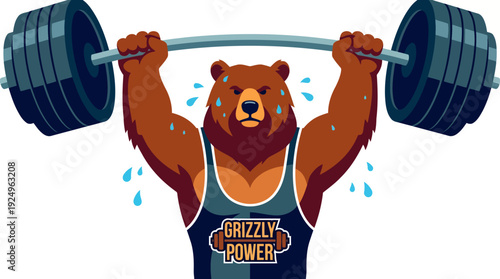 Strong Grizzly Bear Lifting Barbell in Gym Workout.
