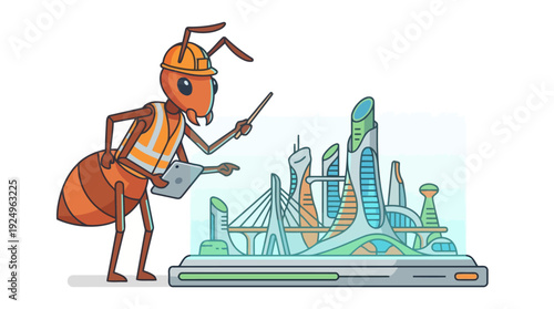 Ant construction worker planning futuristic city development project.