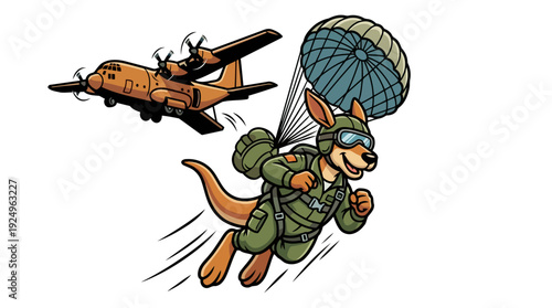 Kangaroo Skydiver Parachuting from Airplane Cartoon Illustration.