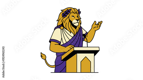 Majestic Lion Speaker Delivering Powerful Speech at Podium.