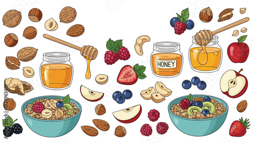 A collection of healthy breakfast ingredients for muesli and granola, including oats, honey, various nuts, and fresh fruits and berries.
