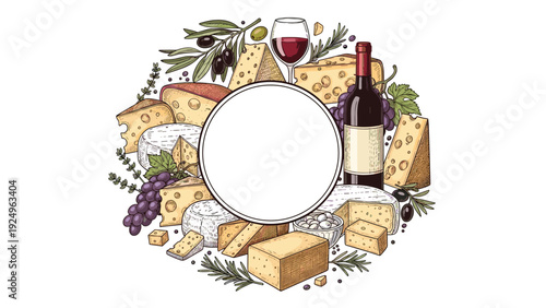 A circular frame with a variety of hand-drawn cheeses, a bottle of red wine, and grapes, with a blank space for text in the center.