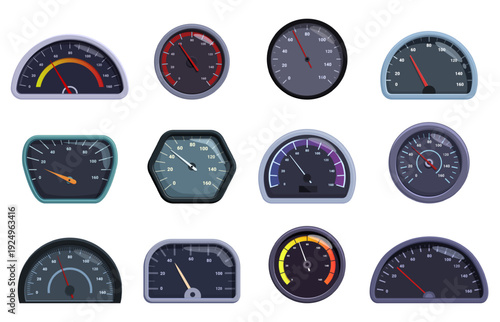 Speedometers. Cartoon odometers, elements for automobile dashboard for speed, power, fuel measurement. Car acceleration indicators, sapid vector clipart