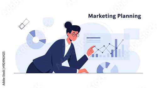 Businesswoman Analyzing Marketing Strategy and Data on Digital Dashboard