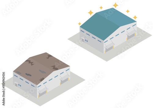 アイソメトリックな工場や倉庫の建物の屋根の修繕の前後素材
