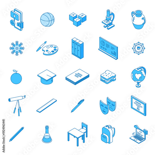 Isometric school icons. Education, lesson symbols. College university study elements. Chemistry, biology, geography, literature. Stationery and furniture, nifty vector set