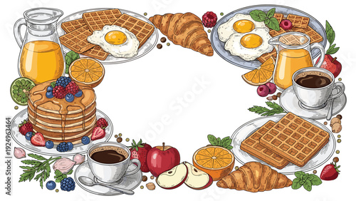 A detailed hand-drawn frame of classic breakfast foods, including pancakes, waffles, croissants, and coffee, with a blank center space.
