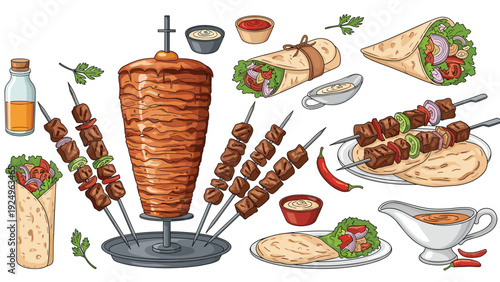 A large, detailed set of hand-drawn doner kebab and shish kebab illustrations, including wraps, skewers, sauces, and a vertical rotisserie.