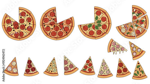 A large collection of colorful cartoon pizza illustrations, featuring whole pies and various individual slices with different toppings.