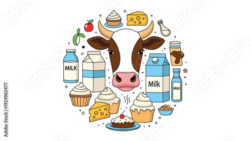 A circular arrangement of cute cartoon dairy products like milk, cheese, and cupcakes surrounding a friendly cow's head in the center.