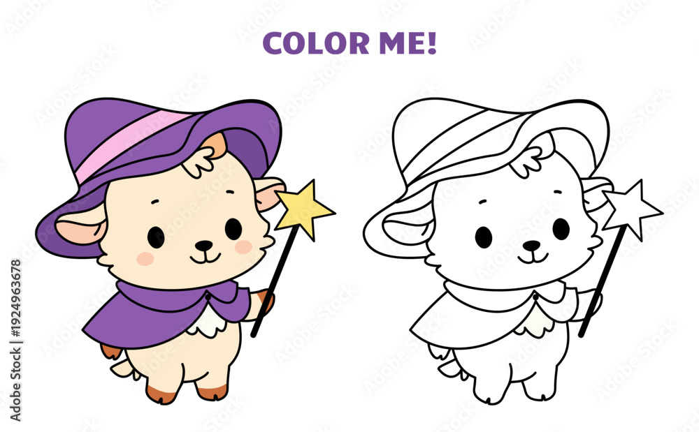 Fototapeta premium Funny kawaii sheep or goat coloring template. Color page for kids with sample. Cute animal in Halloween costume, adorable witch with magic wand, vector design