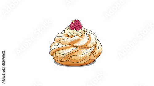 A single, elegant cream puff pastry, also known as a profiterole, generously filled with cream and delicately topped with a fresh raspberry.