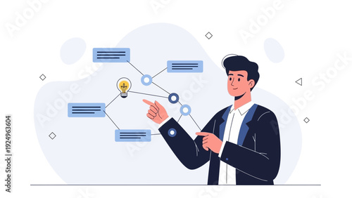 Businessman points to flowchart with lightbulb idea on light gray background