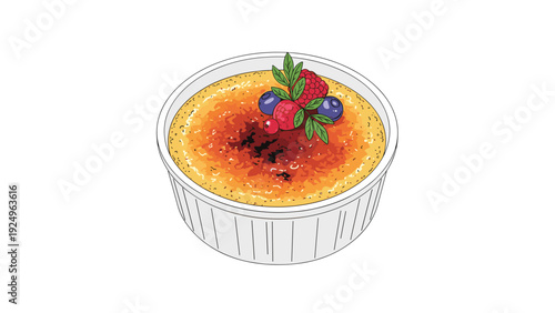 A classic creme brulee dessert in a white ramekin, featuring a perfectly caramelized sugar top and a garnish of fresh mixed berries.