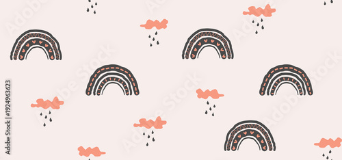 Seamless pattern with decorative rainbows, small clouds, and raindrops arranged on a muted background. The soft earthy palette and hand drawn style create a cozy and dreamy atmosphere.