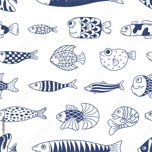 Doodle abstract fish seamless pattern. Different sardines mackerel tuna salomon. Cartoon giant eyes fish. Seafood print for fabric, wallpaper, vector background