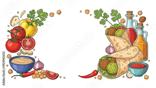 A food frame featuring falafel wraps and fresh ingredients like hummus, tomatoes, and chickpeas, perfect for a middle eastern menu design.
