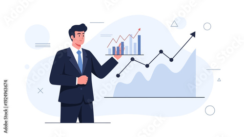 Businessman presenting business growth chart with upward trend graph