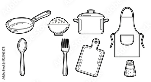 Collection of kitchen cooking tools and food preparation items.