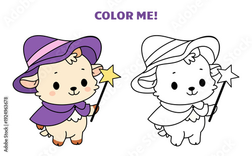 Funny kawaii sheep or goat coloring template. Color page for kids with sample. Cute animal in Halloween costume, adorable witch with magic wand, vector design