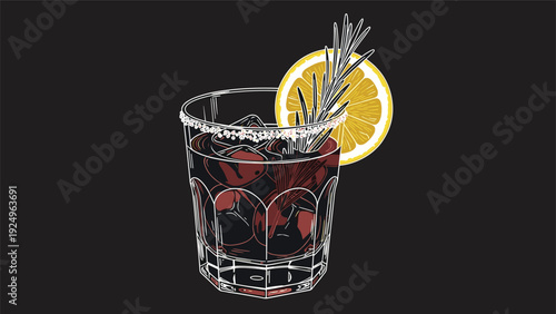A chalkboard-style sketch of a negroni cocktail in a glass with ice, garnished with a lemon wheel and a sprig of fresh rosemary.