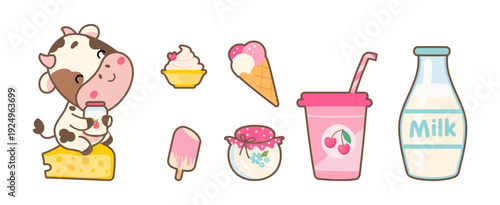 Kawaii dairy products icons set. Cute cow with cheese holding sour cream jar. Milk bottle and milkshake, ice cream, yogurt and muffin, vector elements